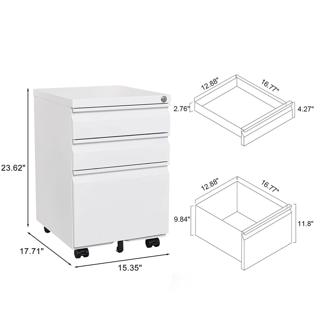 Contemporary 3 Drawer Mobile Filing Cabinet With Lock, Metal Office Storage For Legal / Letter Size by Unique Piece Furniture