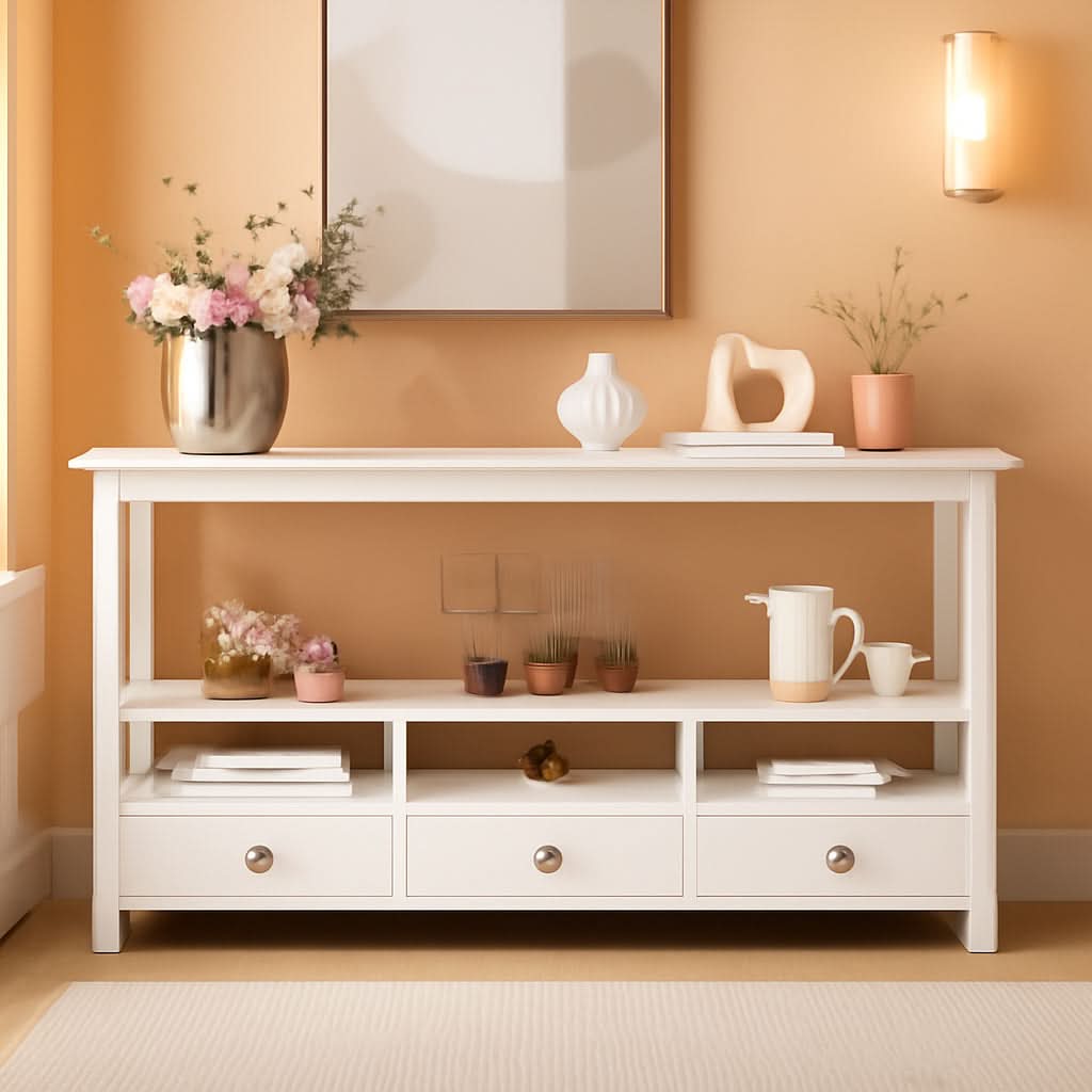 Vintage White Console Table With Storage Drawers And Shelves by ShipItFurniture