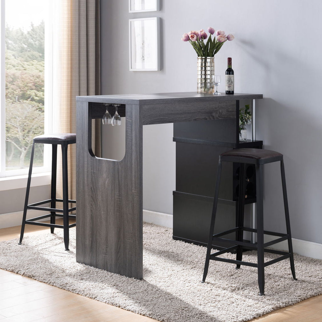Home Bar Table With Wine Glass Compartment And Three Shelves - Distressed Gray / Black by Unique Piece Furniture