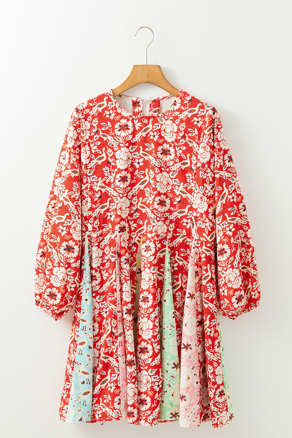 Red Colorful Floral Patchwork Long Sleeve Pleated Mini Dress by Dear-Lover Dropshipping