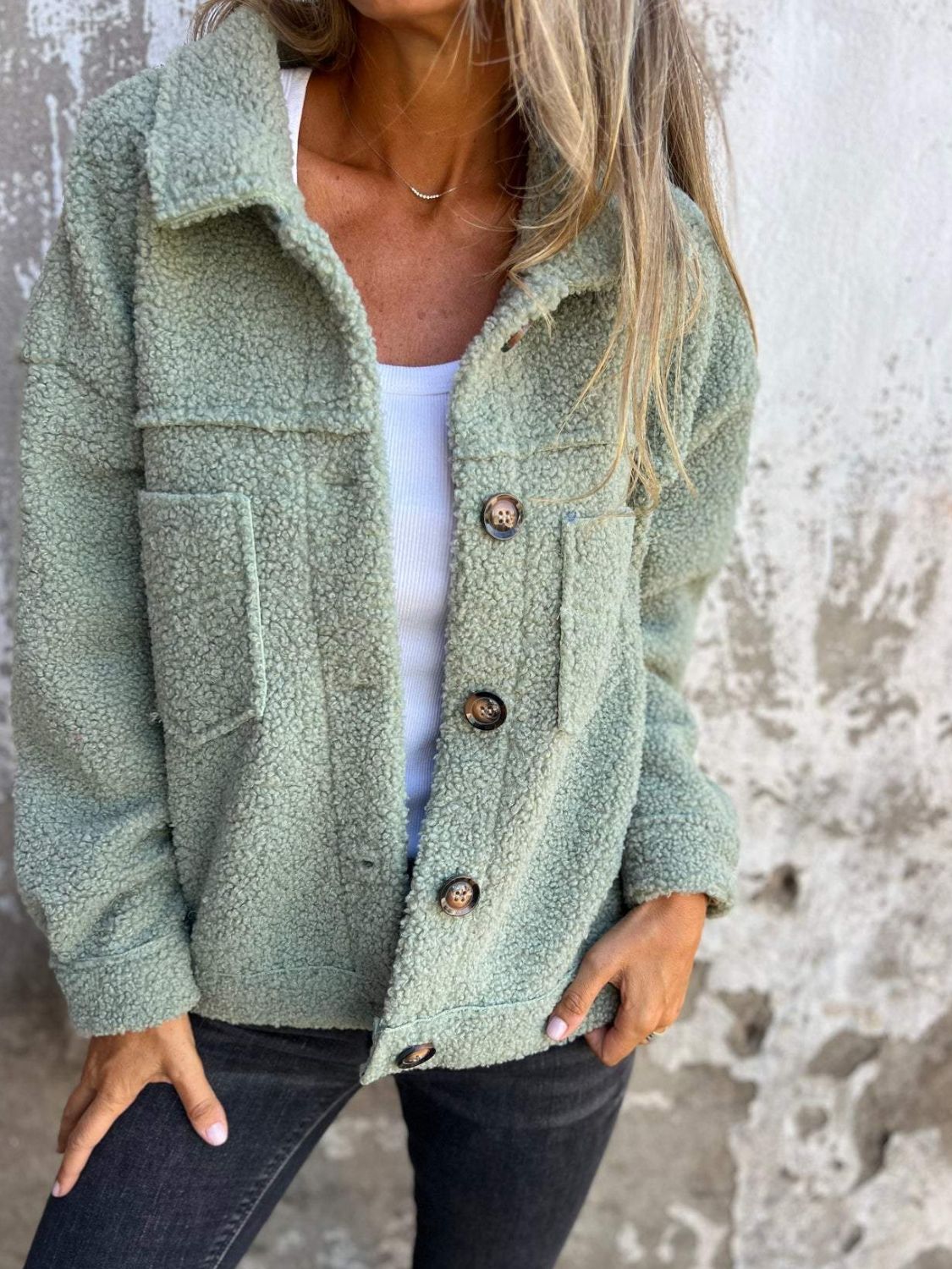 Full Size Fuzzy Button Up Drop Shoulder Jacket by Wild and Free Boutique