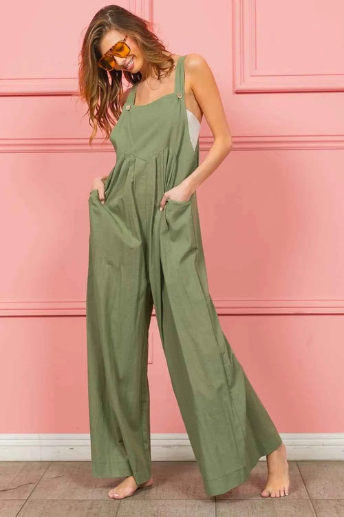BiBi Ruched Wide Leg Overalls with Pockets by Wild and Free Boutique