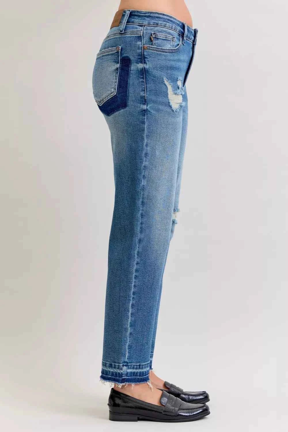 Judy Blue Full Size Mid Rise Bf Patch & Repair Destroy Release Hem Jeans Plus Size by Wild and Free Boutique