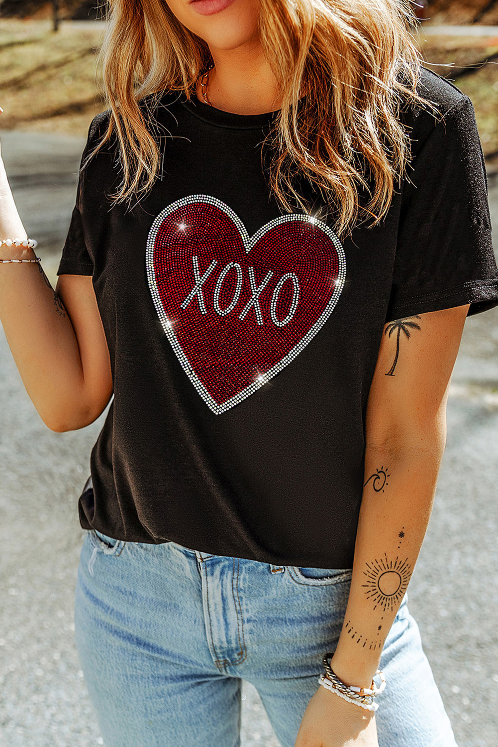 Black Rhinestone XOXO Heart Graphic Crewneck Tee by Dear-Lover Dropshipping