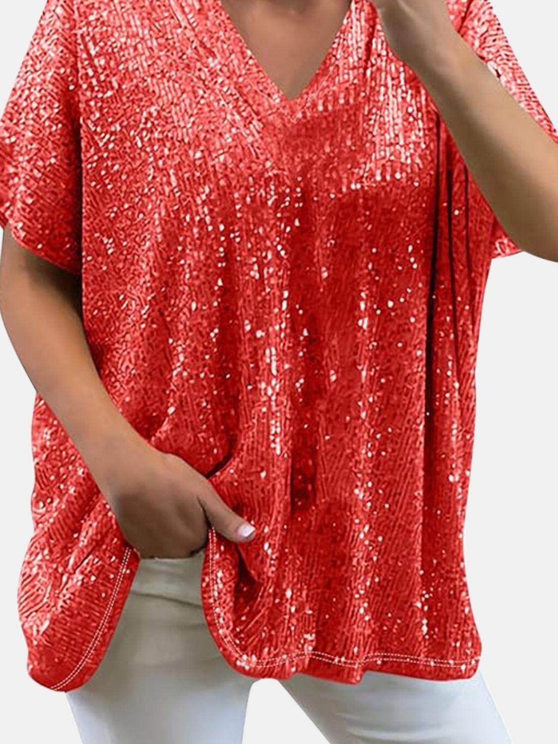 Full Size Sequin V-Neck Short Sleeve Top for Women by Selvanelle