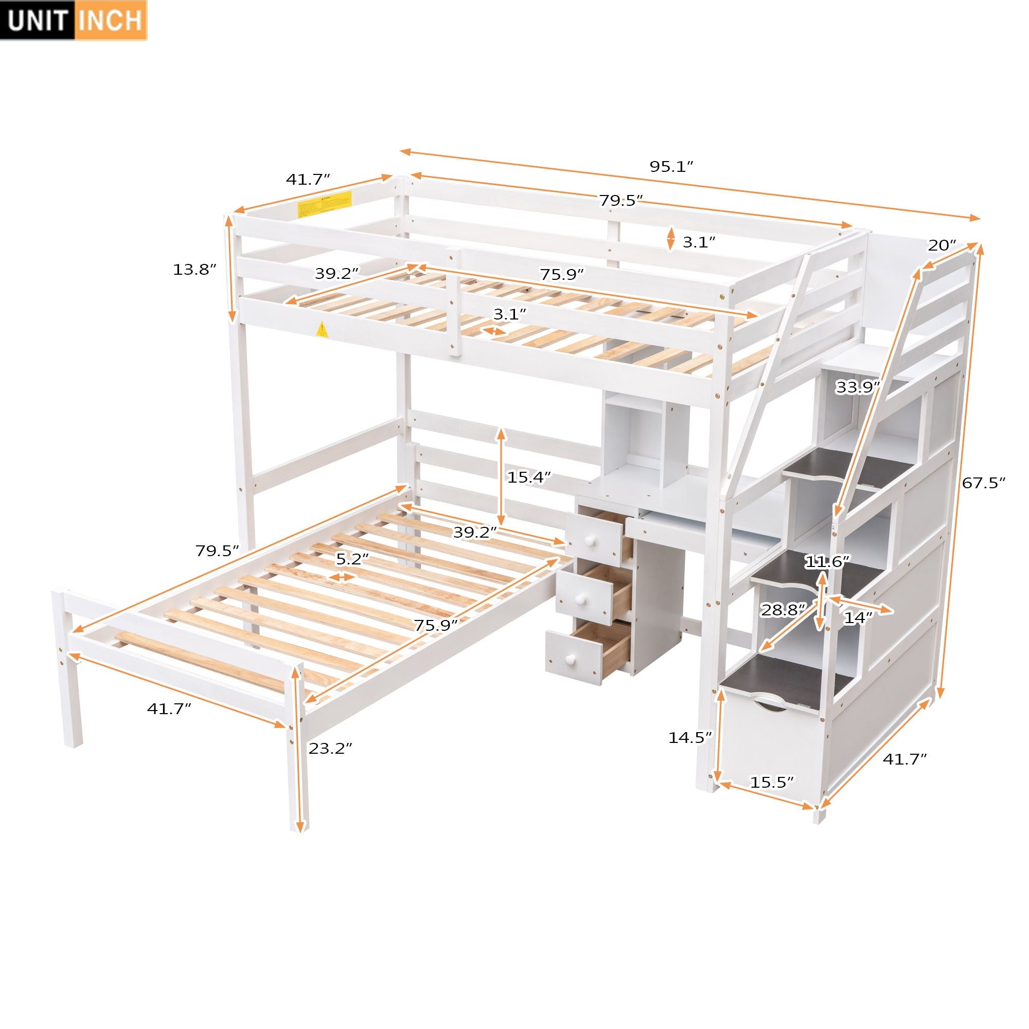 Loft Bed With Stand Alone Bed, Storage Staircase, Desk, Shelves, And Drawers by Unique Piece Furniture