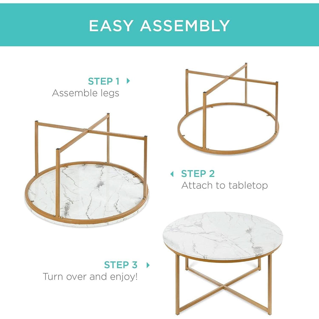 Round Coffee Table With Faux Marble Top Cross Leg Design by ShipItFurniture