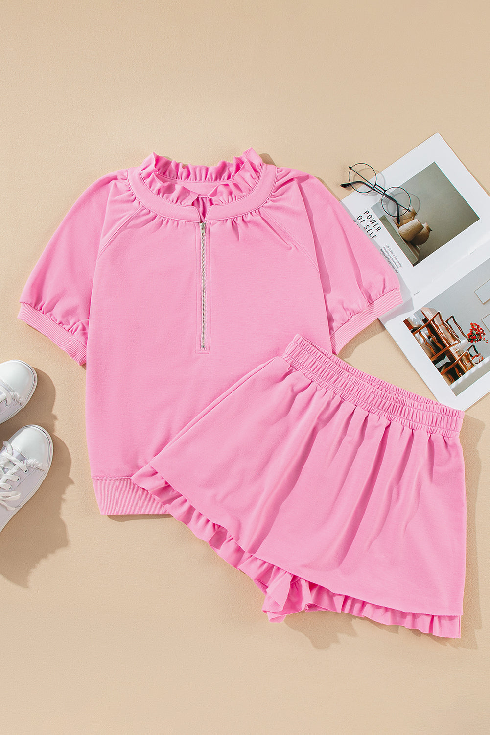 Pink Half Zip Puff Sleeve Top and Ruffle Shorts Set by Wild and Free Boutique