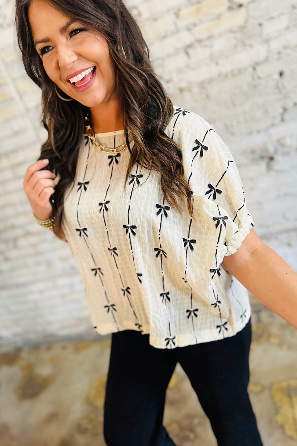 Beige Bow Print Puff Short Sleeve Top by Dear-Lover Dropshipping