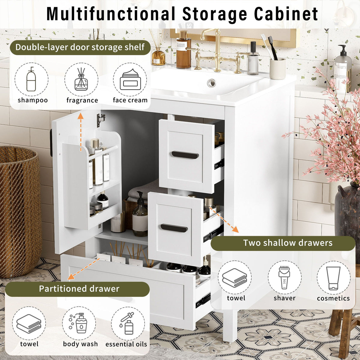 Bathroom Vanity With Sink, Soft-Close Doors, Double-Layer Shelf And 3 Drawers by Unique Piece Furniture