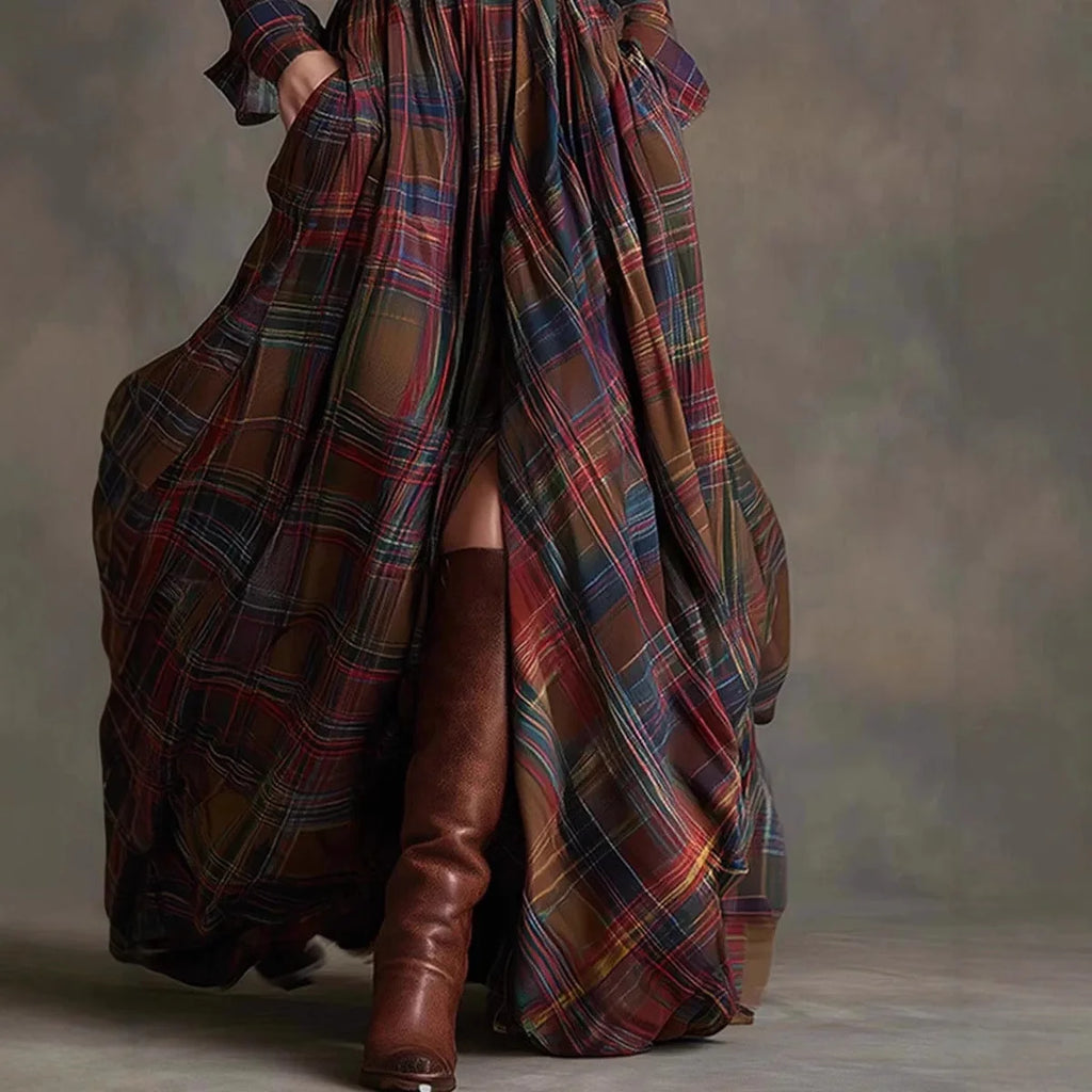 European American Women's Long Sleeve Plaid Maxi Dress for Women with Button Pocket - Autumn Casual Retro Vestidos by AliExpress