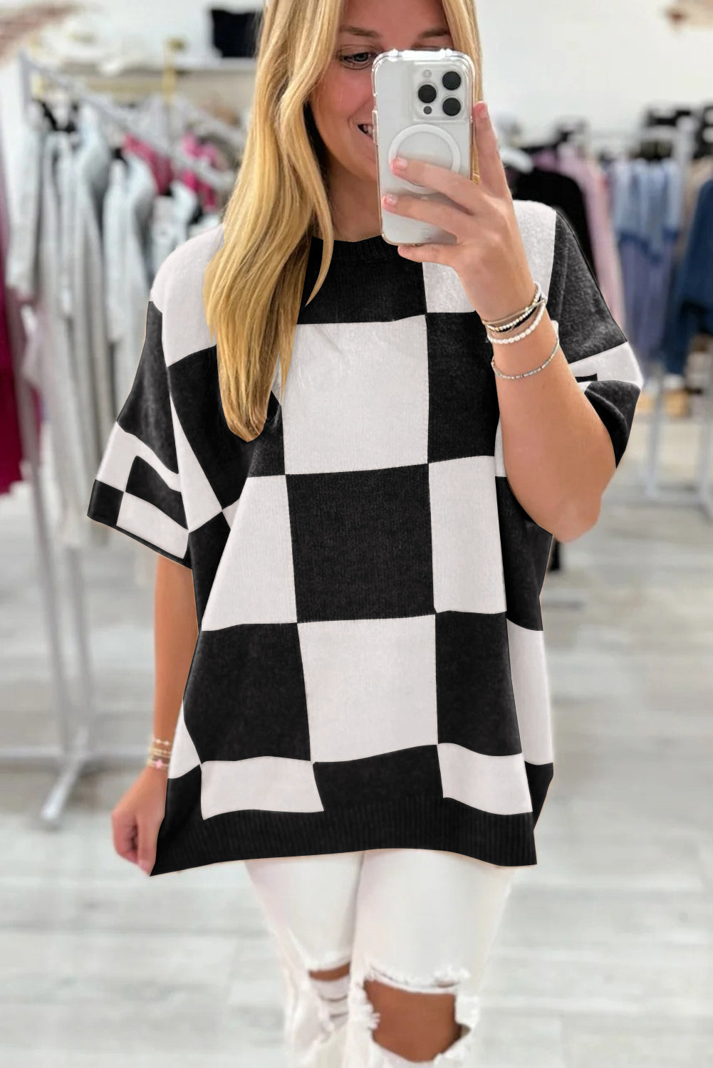 Light French Beige Checkered Pattern Loose Drop Shoulder Half Sleeve Sweater by Wild and Free Boutique
