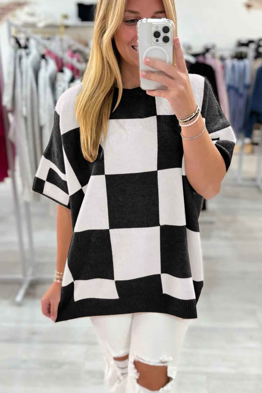 Black Checkered Pattern Loose Drop Shoulder Half Sleeve Sweater by Wild and Free Boutique