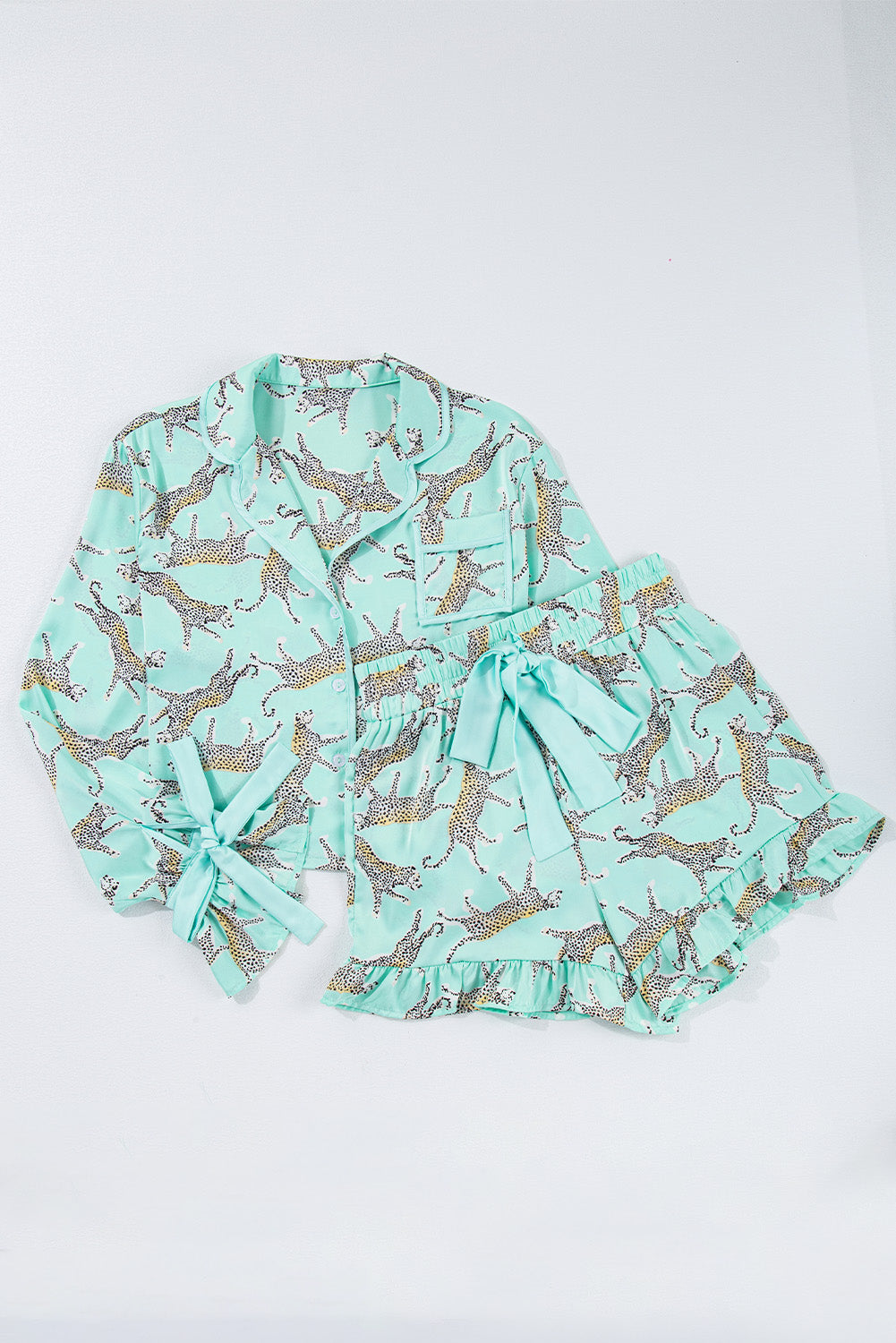 Green Leopard Satin Ruffle Pajama Short Set by Dear-Lover Dropshipping