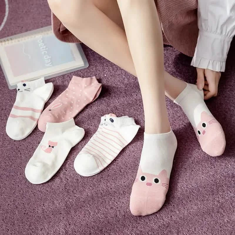 5-Pairs: Pink Kitty Crew Socks by DailySale