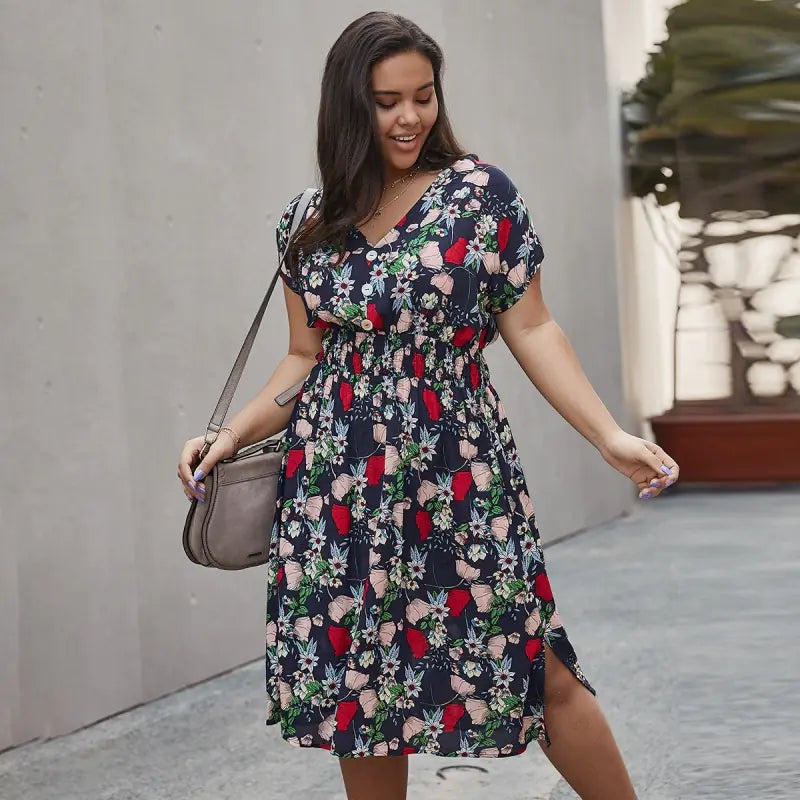 Women's Summer V-Neck Floral Beach Dress by Trendy Attic Store01