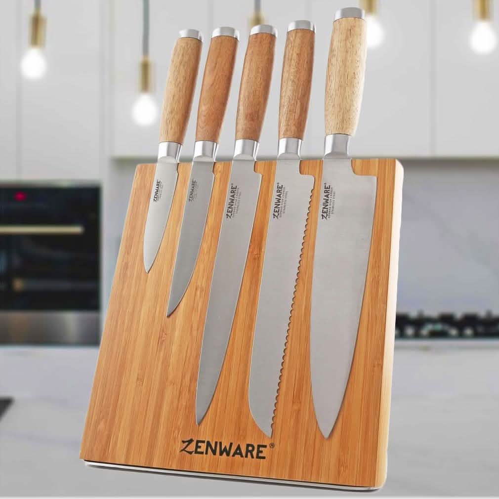 6-Piece: Zenware German Stainless Steel Kitchen Knives Set with Bamboo Magnetic Block by DailySale