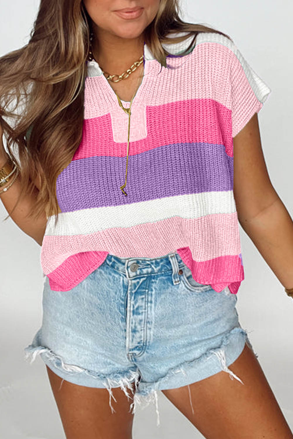Light Blue Color Block Notch V Neck Sweater T Shirt by Dear-Lover Dropshipping
