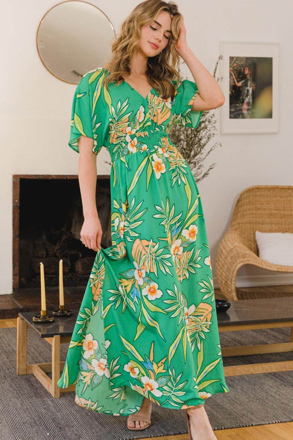 ODDI Full Size Floral Smocked Tied Back Maxi Dress Style by Selvanelle