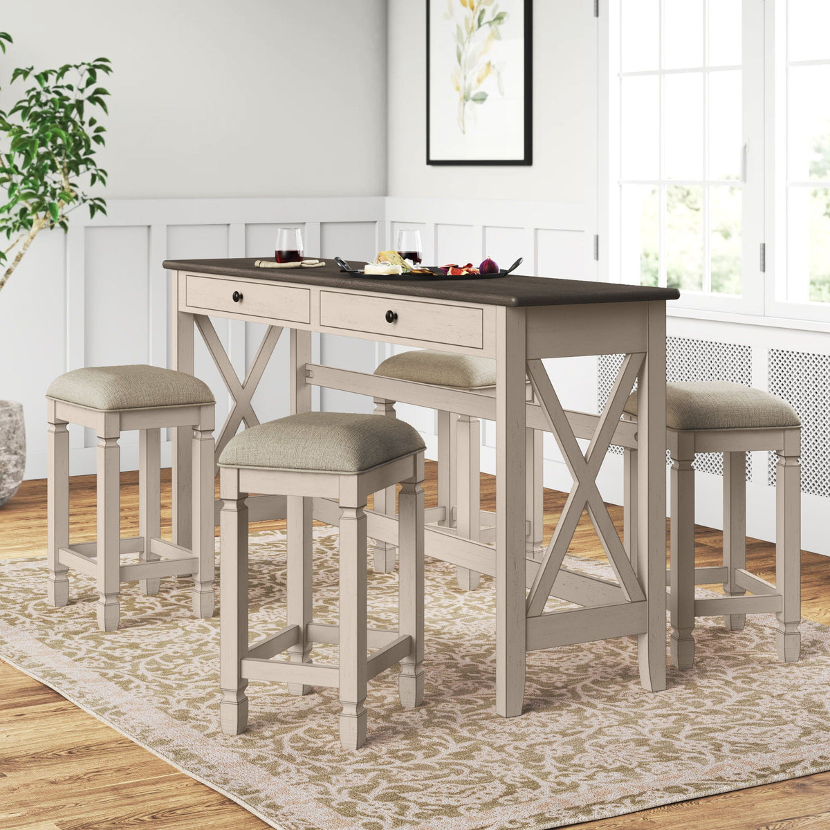 Console Table With 4 Stools - Antique White by Unique Piece Furniture
