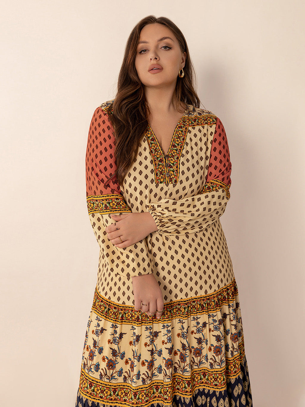 Plus Size Printed V-Neck Long Sleeve Maxi Dress by Wild and Free Boutique