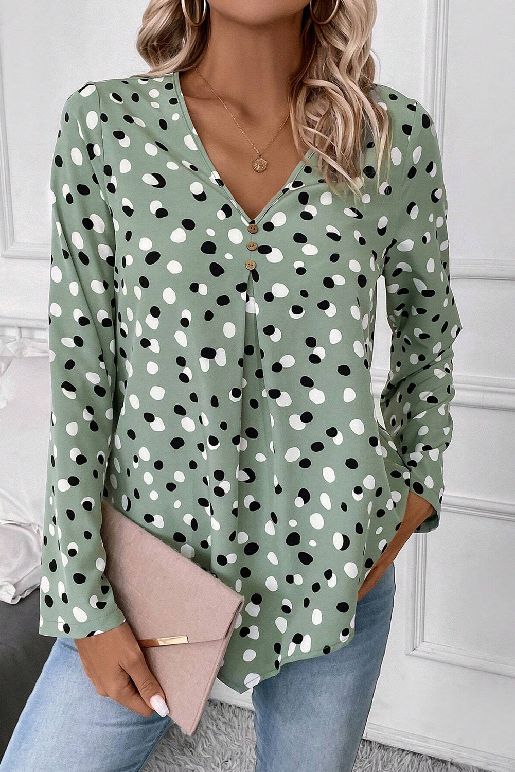Green Polka Dot Print Button Front V Neck Blouse by Wild and Free Boutique