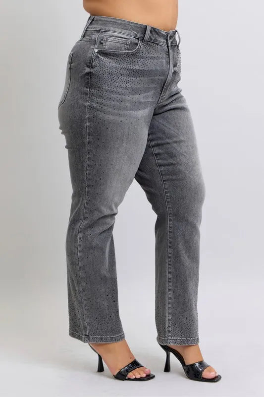 Judy Blue Full Size High Waist Rhinestone Straight Jeans Plus Size by Wild and Free Boutique