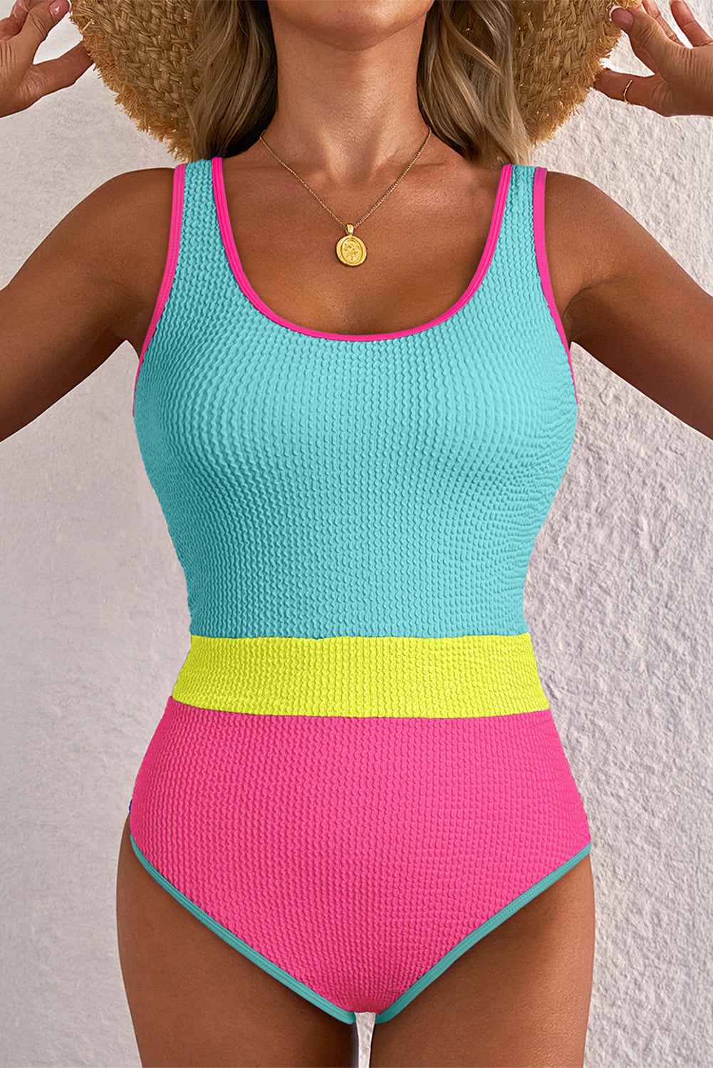 Iceland Blue Textured Color Block Patchwork One Piece Swimsuit by Wild and Free Boutique