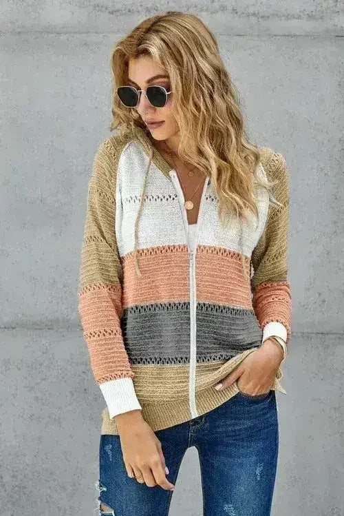 Womens Multicolor Zipped Front Colorblock Hollow-out Knit Hoodie by Femstylo