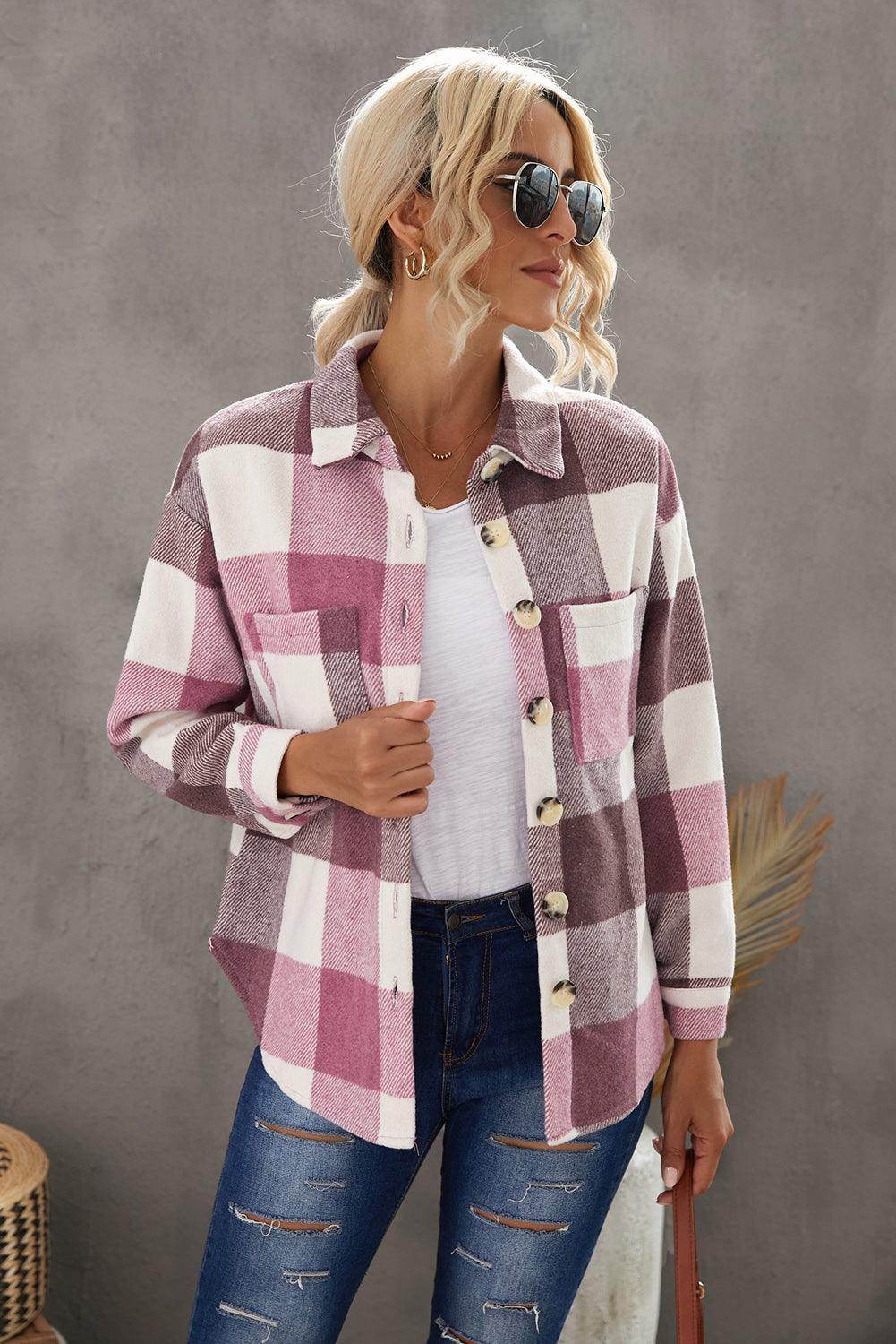 Plaid Button Up Dropped Shoulder Jacket for Women Stylish by Selvanelle