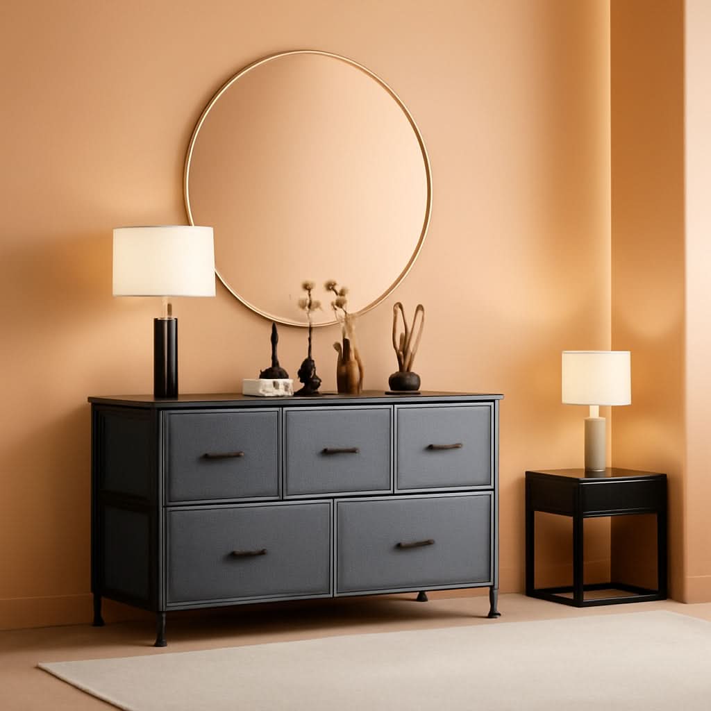 5 Drawer Dark Grey Fabric Chest With Wood Top Bedroom by ShipItFurniture