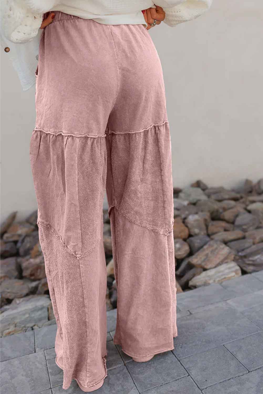 Mineral Wash Tiered Wide Leg Patchwork Drawstring Pants by Wild and Free Boutique