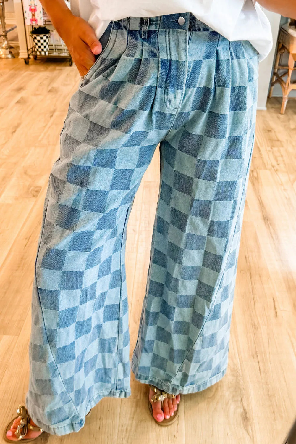 Checkered Wide Leg Jeans with Pockets by Wild and Free Boutique
