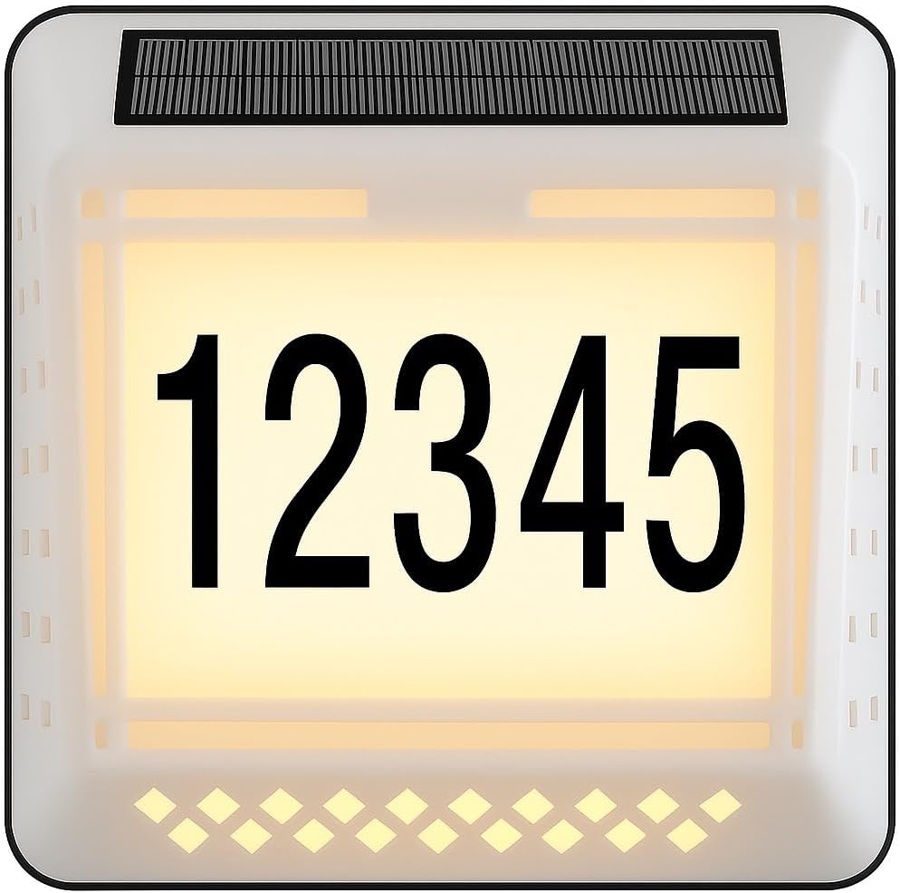 Solar LED Address Sign – Waterproof House Number Plaque, Customizable Numbers & Letters, Auto Dusk-to-Dawn Light, 8.1 x 6.9 Inches by Infinite Basics