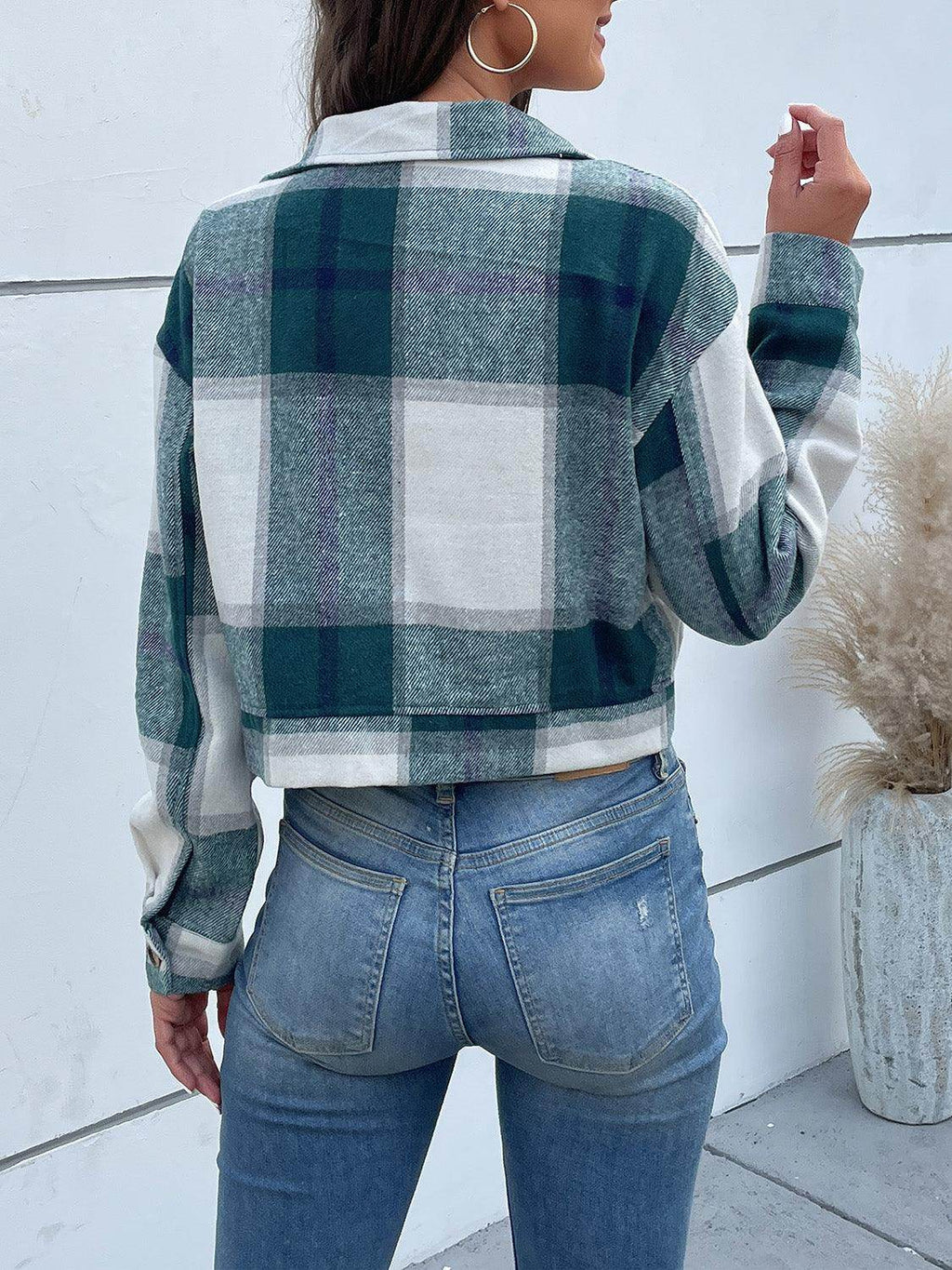 Perfee Plaid Button Up Drop Shoulder Cropped Jacket for Women by Selvanelle