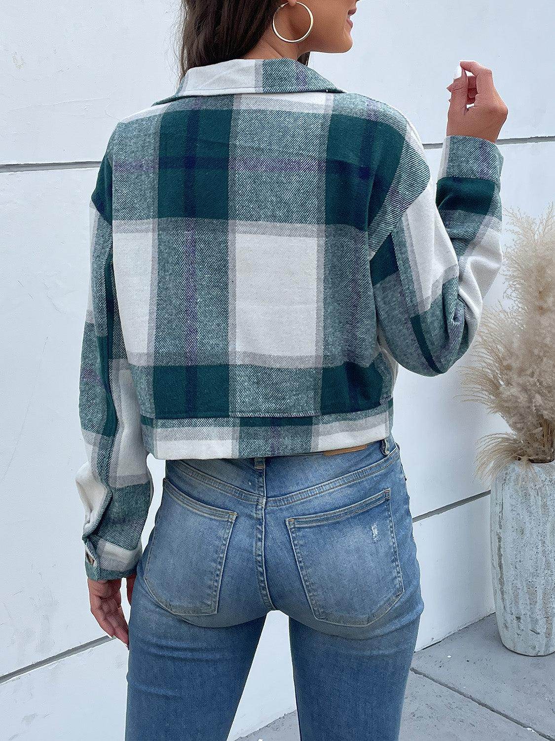 Perfee Plaid Button Up Drop Shoulder Cropped Jacket for Women by Selvanelle