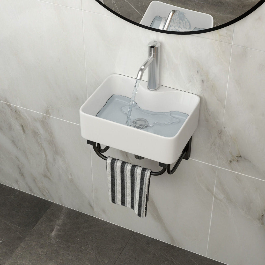 Rectangular Bathroom Sink With Towel Bar & Faucet Hole, Wall Mounted - White by Unique Piece Furniture