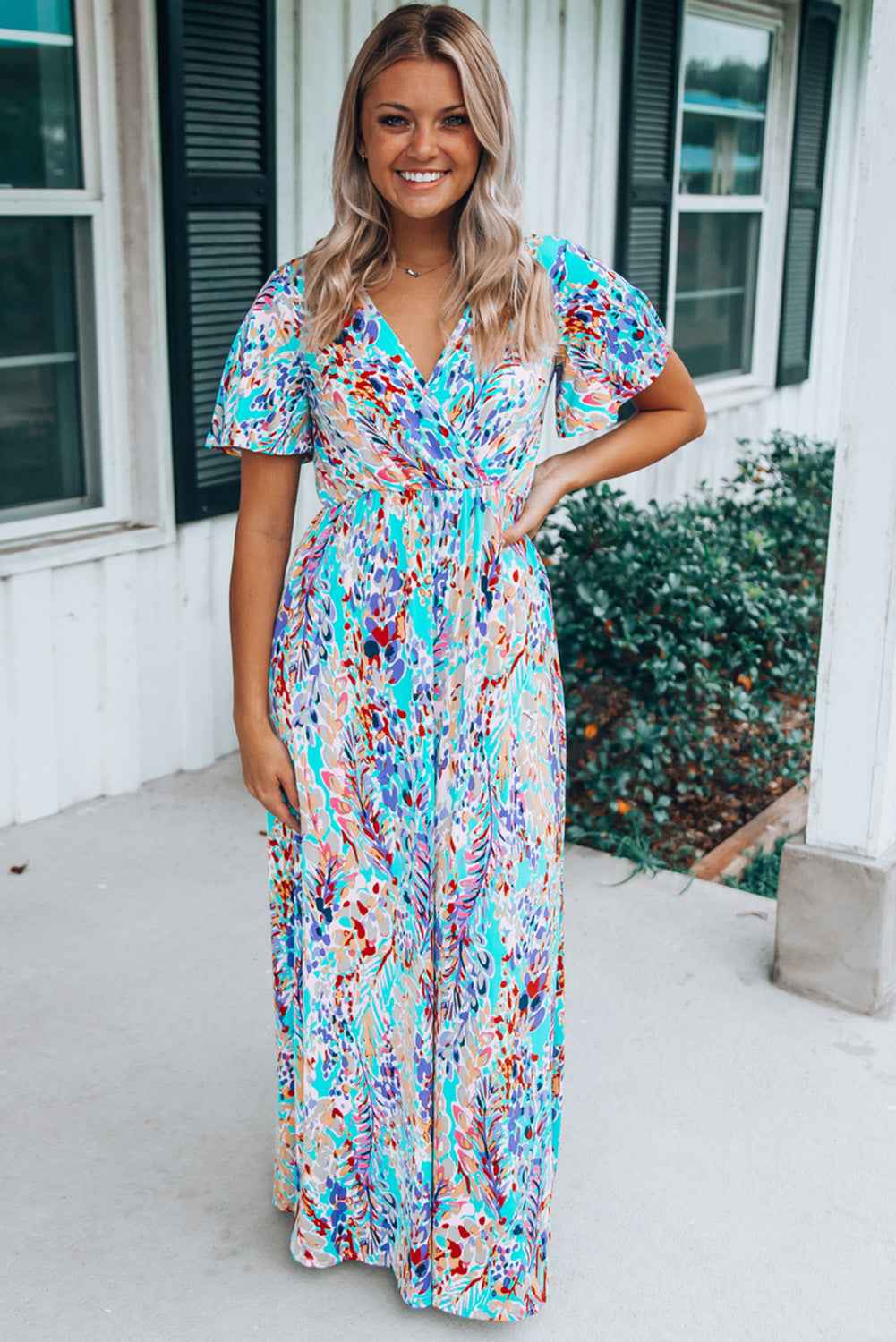 Green Wrap V Neck Floral Maxi Dress by Wild and Free Boutique
