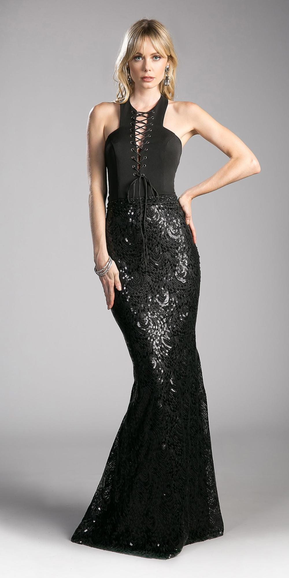 Cinderella Divine 62495 Halter Lace Up Bodice Sequins Gown Open Back by DiscountDressShop