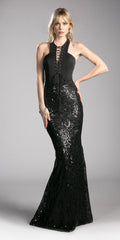 Cinderella Divine 62495 Halter Lace Up Bodice Sequins Gown Open Back by DiscountDressShop