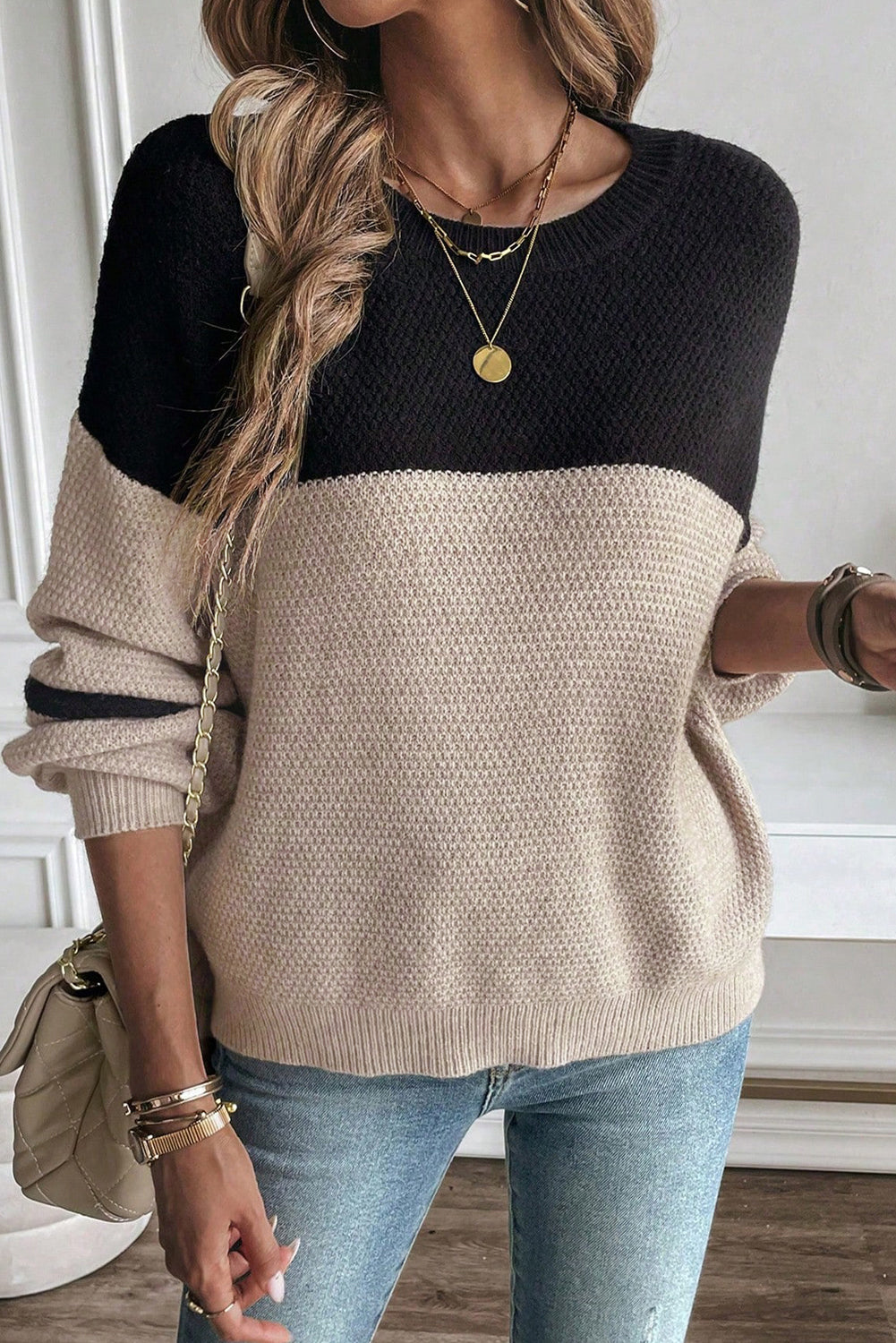 Dark Brown Color Block Knit Striped Sleeve Detail Casual Sweater by Wild and Free Boutique