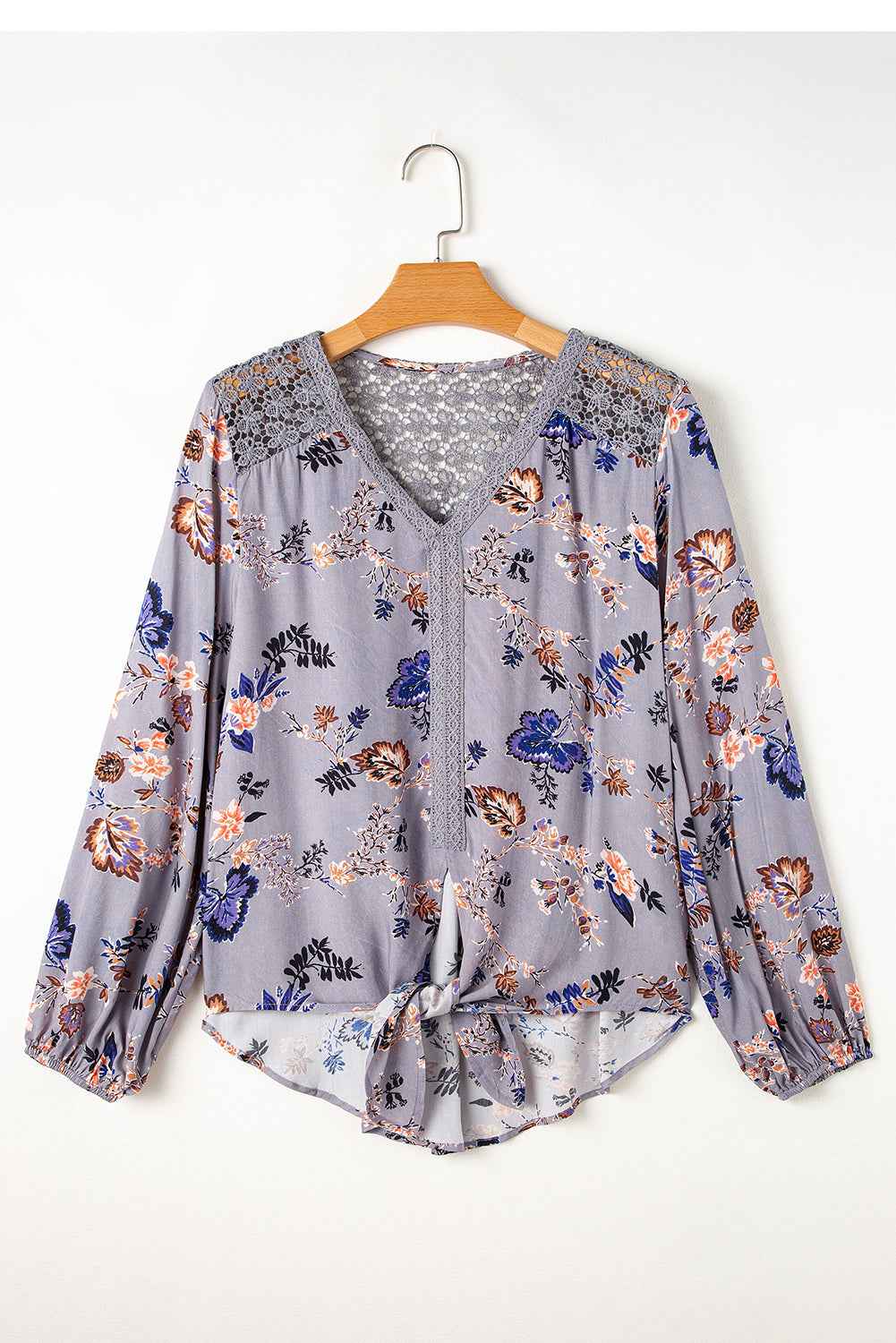 Sky Blue Floral Print Lace Patchwork Knot Front V Neck Blouse by Wild and Free Boutique