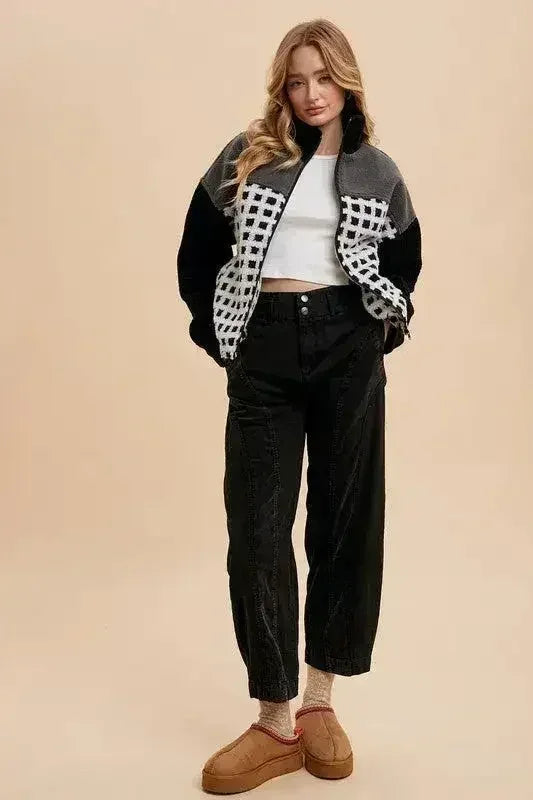 Annie Wear Plaid Zip Up Drop Shoulder Sherpa Jacket by Femstylo