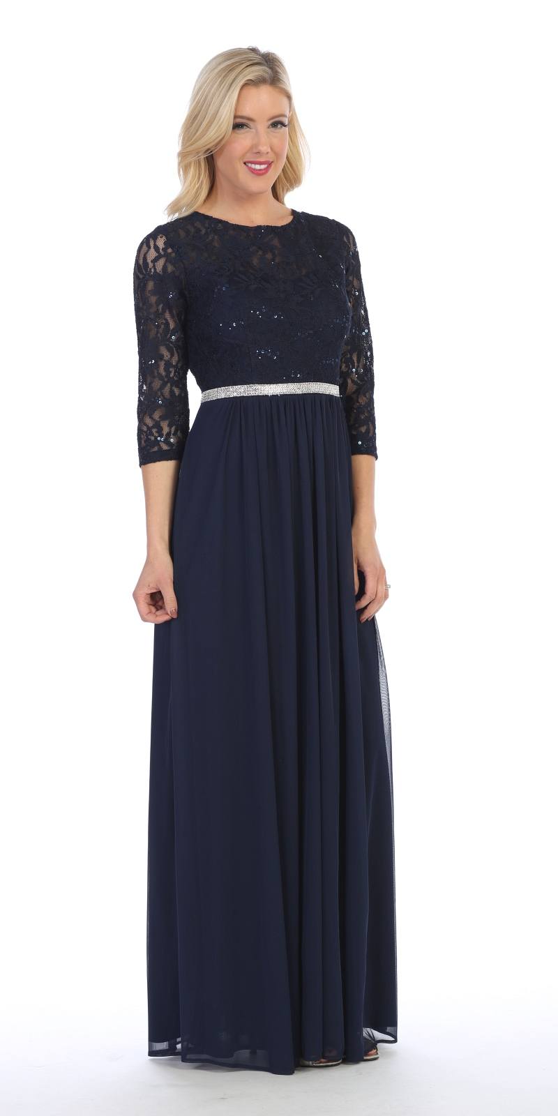 CLEARANCE - Celavie 6305L Three-Quarter Length Lace Sleeve Dress A-line (Size M) by DiscountDressShop
