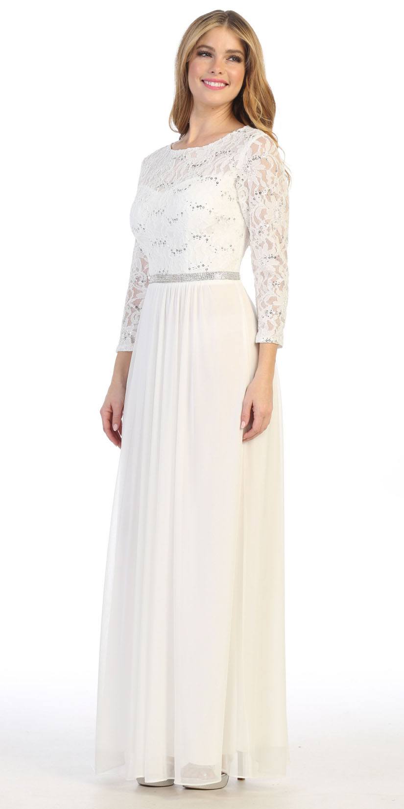 CLEARANCE - Celavie 6305L Three-Quarter Length Lace Sleeve Dress A-line (Size M) by DiscountDressShop