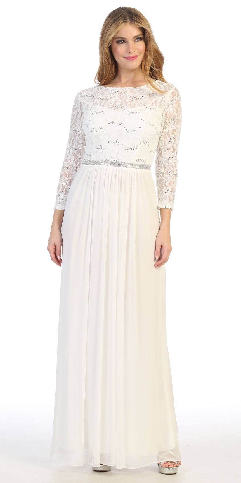 CLEARANCE - Celavie 6305L Three-Quarter Length Lace Sleeve Dress A-line (Size M) by DiscountDressShop