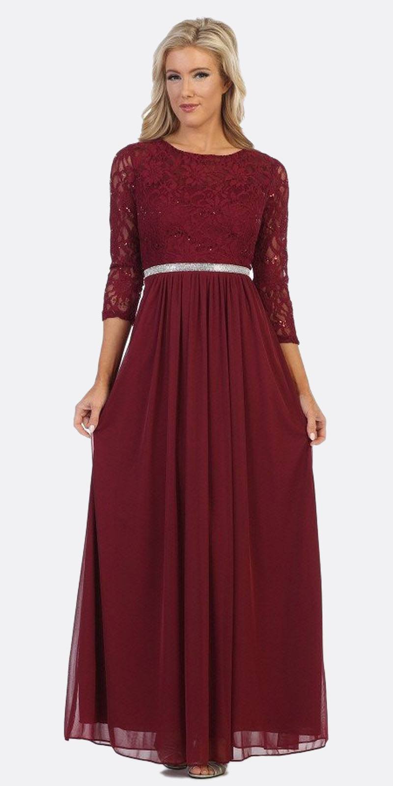 CLEARANCE - Celavie 6305L Three-Quarter Length Lace Sleeve Dress A-line (Size M) by DiscountDressShop