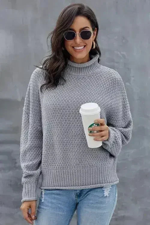 New Gray Chunky Batwing Long Sleeve Turtleneck Sweater by Femstylo