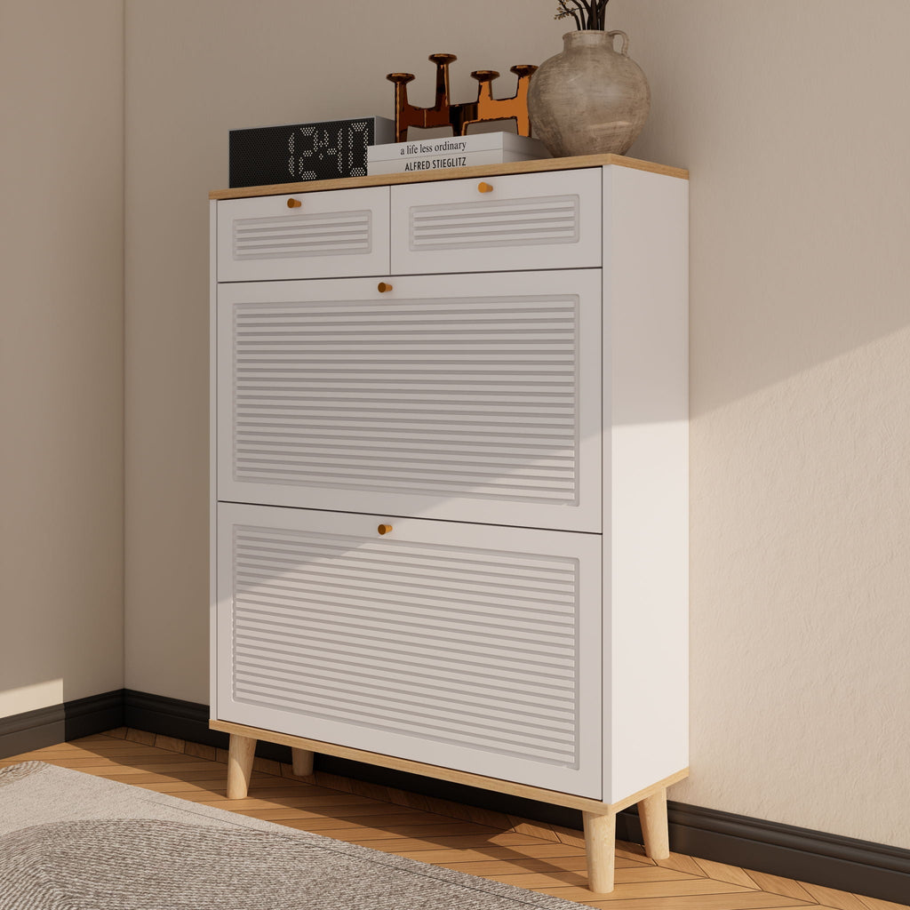 Modern Freestanding Shoe Cabinet With Flip Up Doors And Drawers, Compact Design For Entryway - White Natural by Unique Piece Furniture