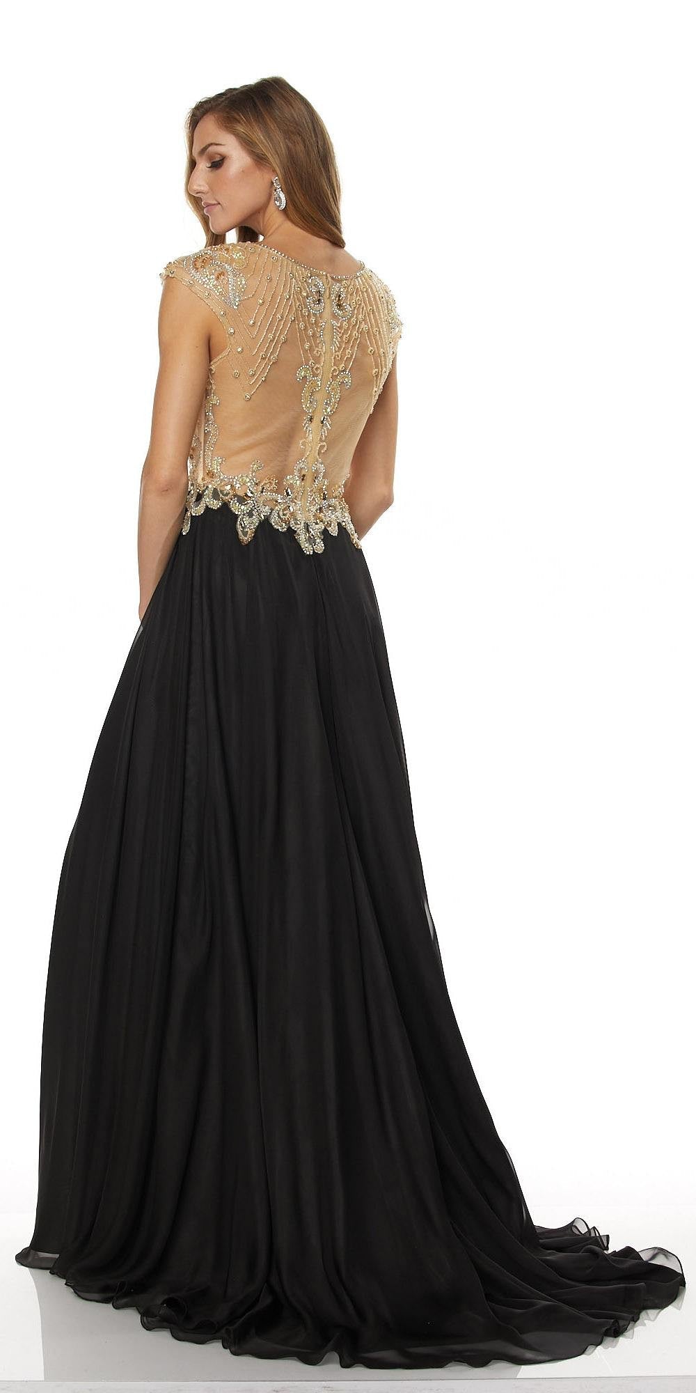 Juliet 636 Beaded Bodice Cap Sleeve Prom Gown with Slit and Train by DiscountDressShop